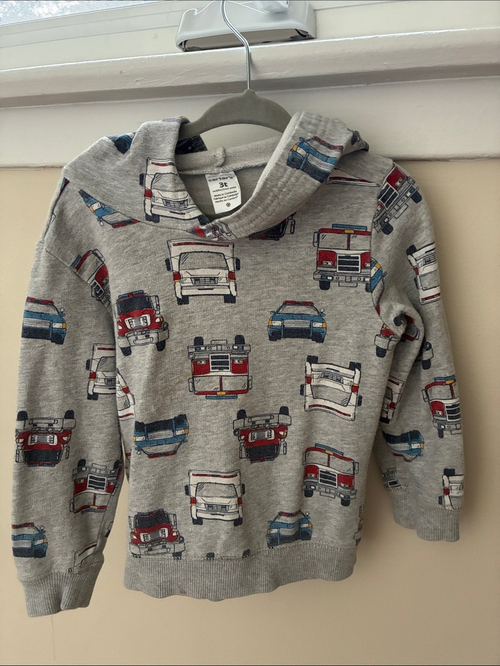 Carter's Gray Hoodie with Fire Truck & Car Print